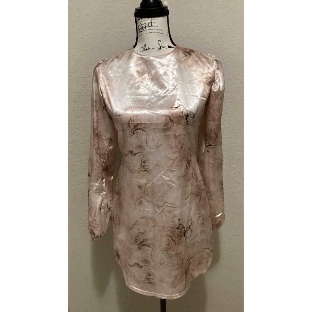 Elegant Marble-Print Satin Blouse With Long Sleeves & Round Neckline Size 2